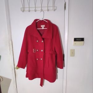 Red Charles Klein Collared Wool Peacoat in Petite XL with Gold Buttons and Belt